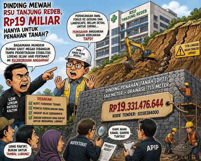 Dinding Penahan Tanah RSU Tanjung Redeb Senilai Rp19 Miliar Jadi Sorotan, Publik Pertanyakan Perencanaan Awal.